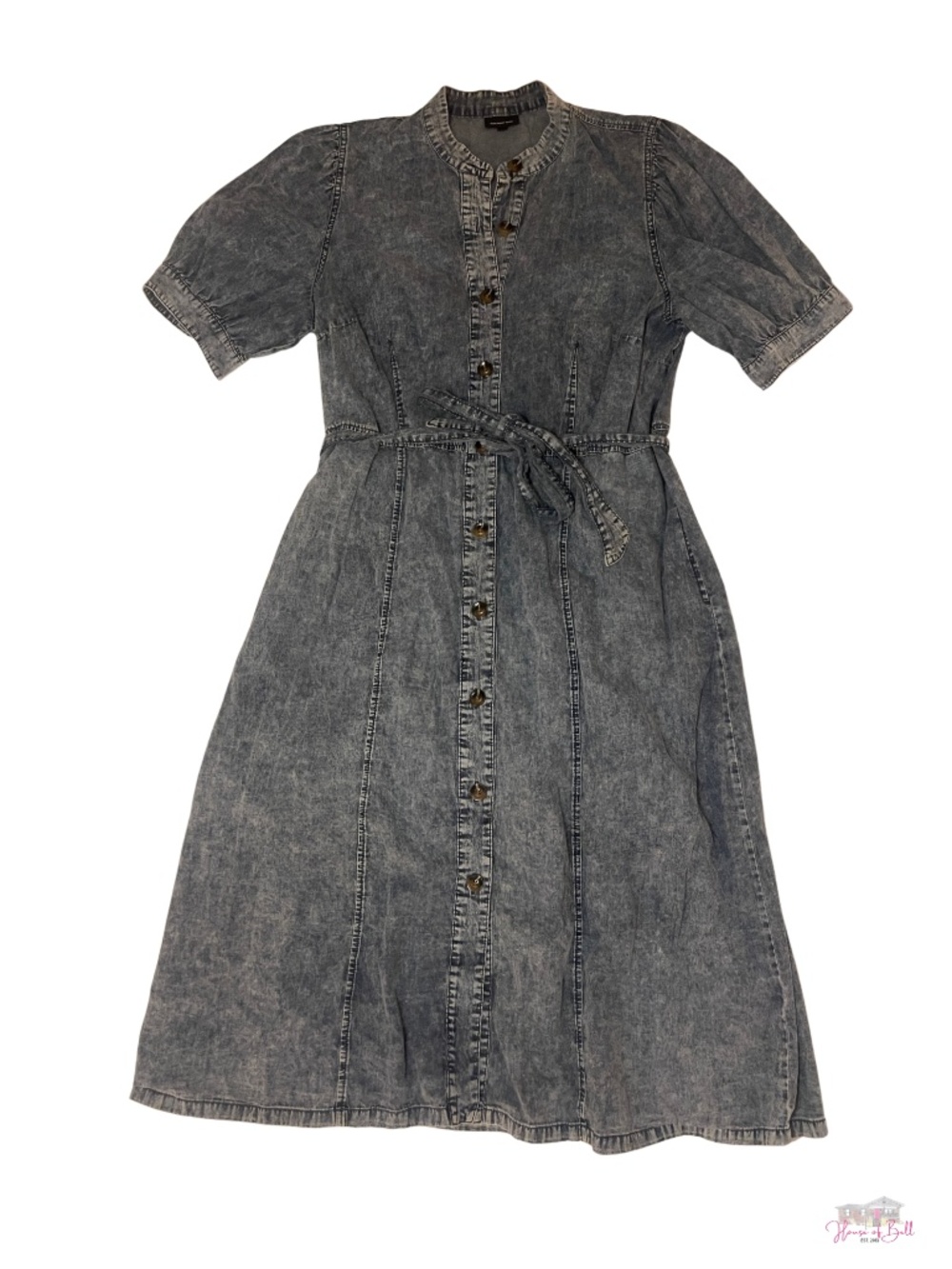 Who What Wear Acid Wash Denim Puff Sleeve Midi Dress XL Button Down Belted